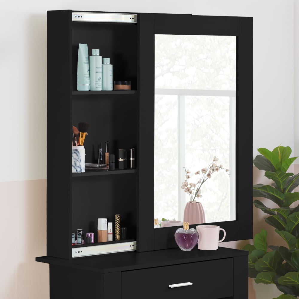 Evelyn Black 1 Drawer Mirror Dressing Table Shelves Close-Up